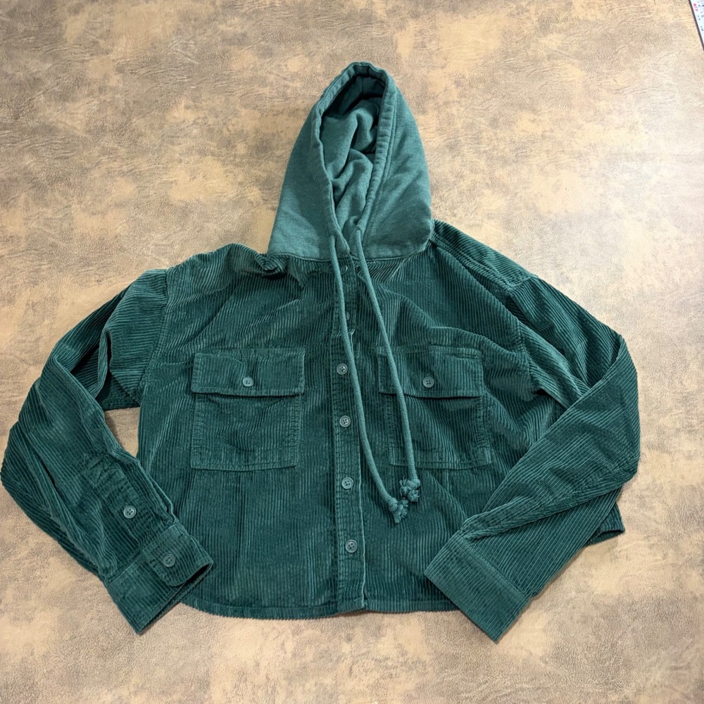 American‎ Eagle Corduroy Hoodie Shacket Womens Medium Green Button Up Cropped